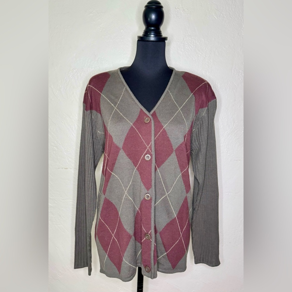 RENA ROWAN NWT Vintage Lambs Wool Blend‎ Argyle Cardigan 80s 90s Women's Medium